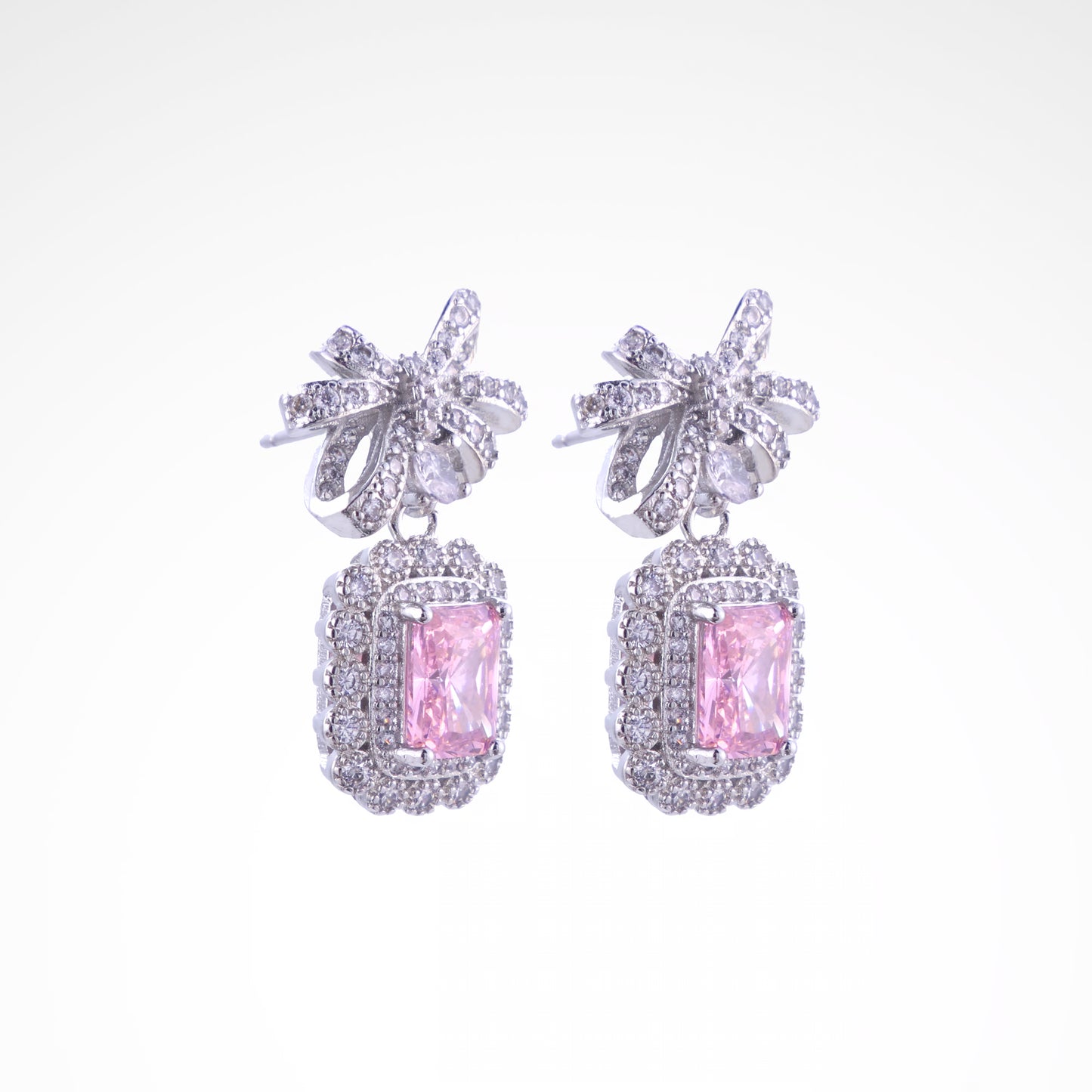Sparkslette Pink Cushion-Cut Crystal Bow Drop Earrings