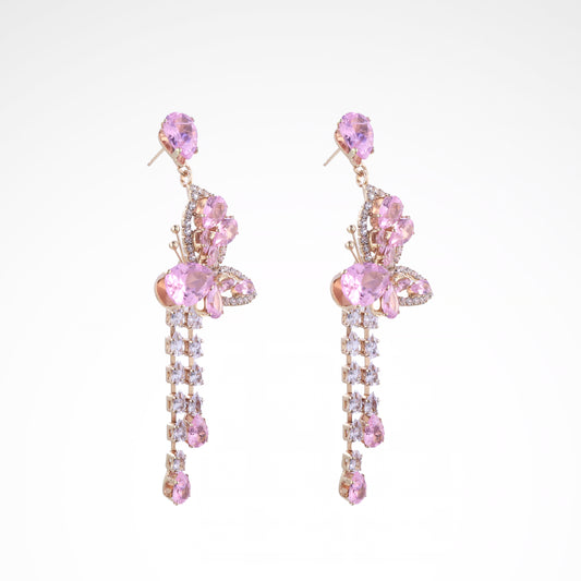 Sparkslette Pink Crystal Butterfly Long Tassel Drop Earrings