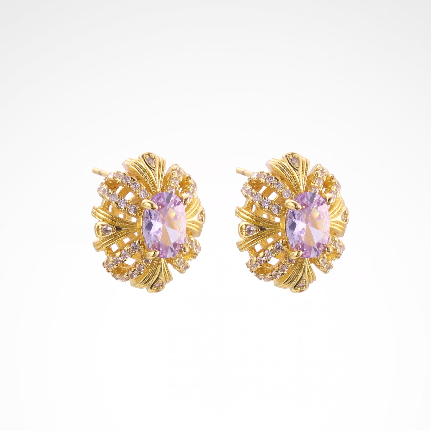Sparkslette Lavender Oval Crystal Floral Gold Stud Earrings