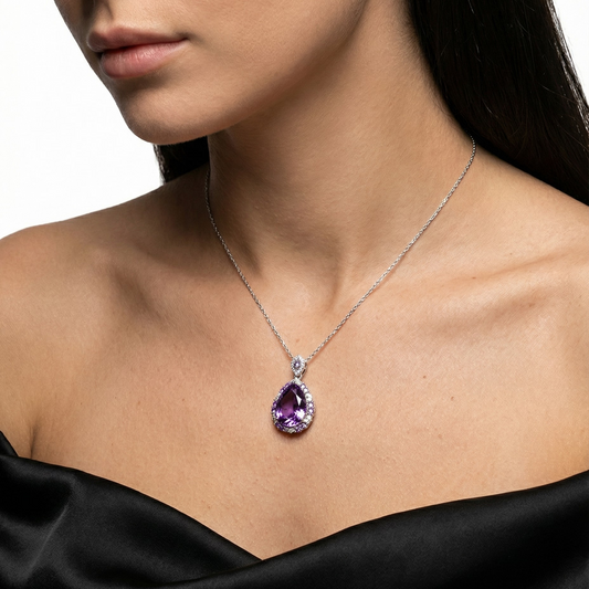 Majestic Violet Pear-Cut Halo Pendant Necklace