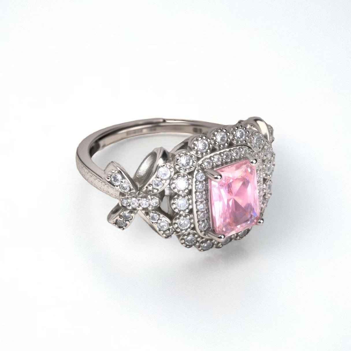 Double - halo designed ring, cushion - cut pink zircon, paved - Sparkslette