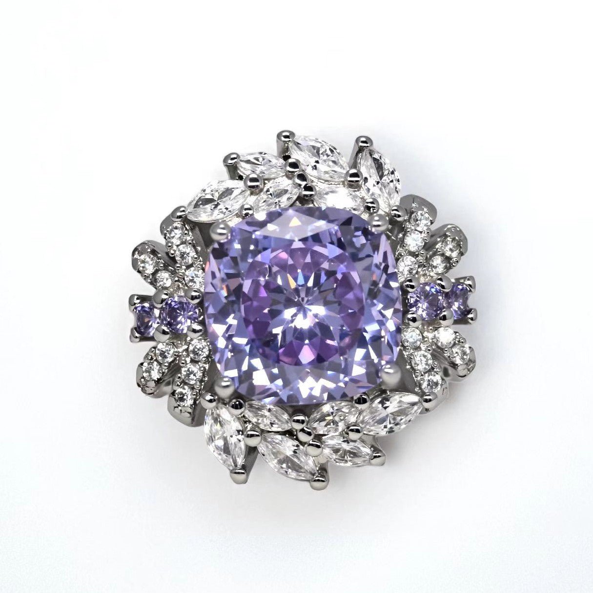 Double - row halo cluster ring, cushion - cut light purple zircon, paved - Sparkslette