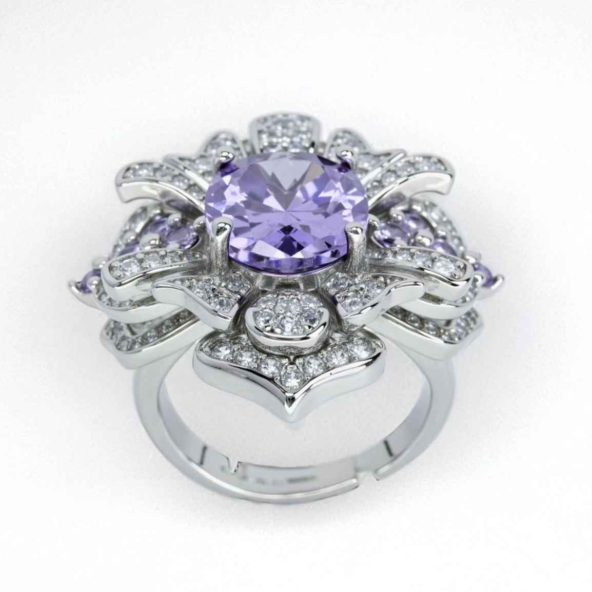 Floral Bloom ring, oval - cut purple zircon, paved - Sparkslette