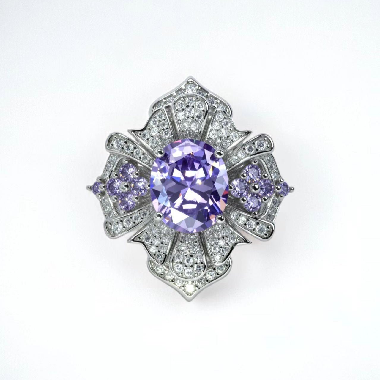 Floral Bloom ring, oval - cut purple zircon, paved - Sparkslette
