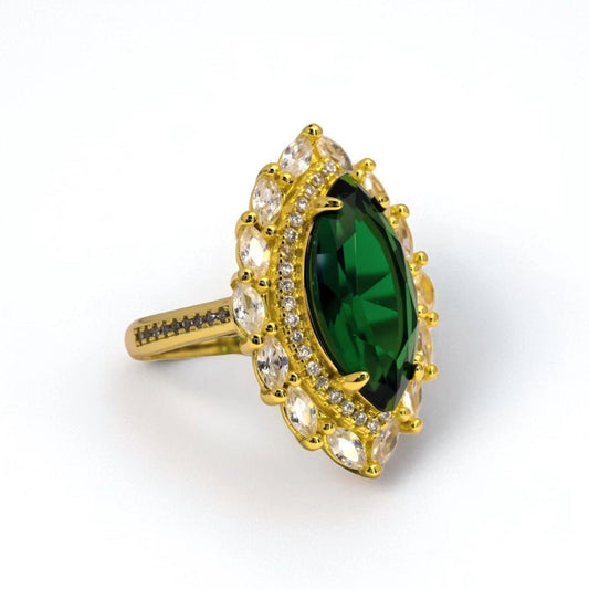 Layered gem cluster ring, marquise - cut emerald green zircon, paved - Sparkslette