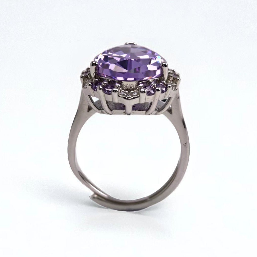 petal cluster designed ring, pear - cut amethyst purple zircon, paved - Sparkslette