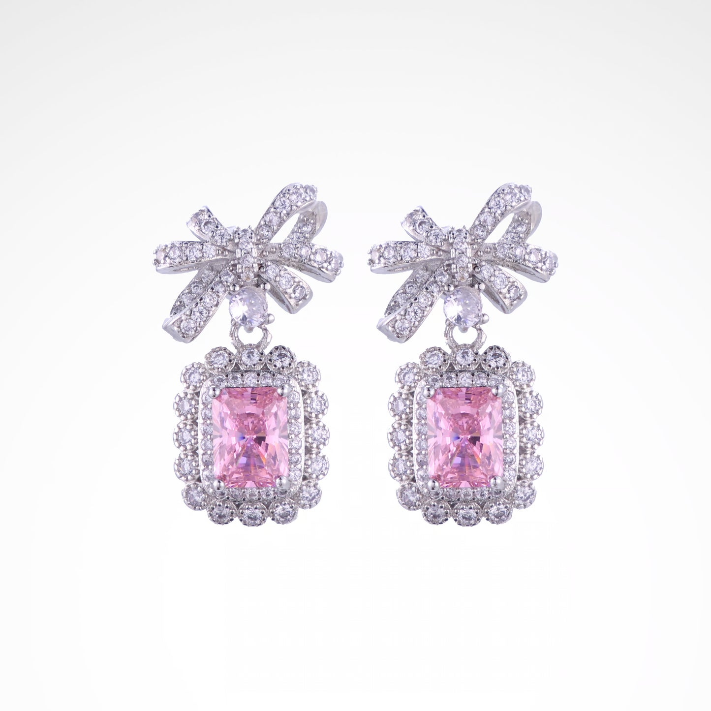 Sparkslette Pink Cushion-Cut Crystal Bow Drop Earrings