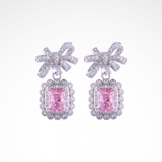 Sparkslette Pink Cushion-Cut Crystal Bow Drop Earrings
