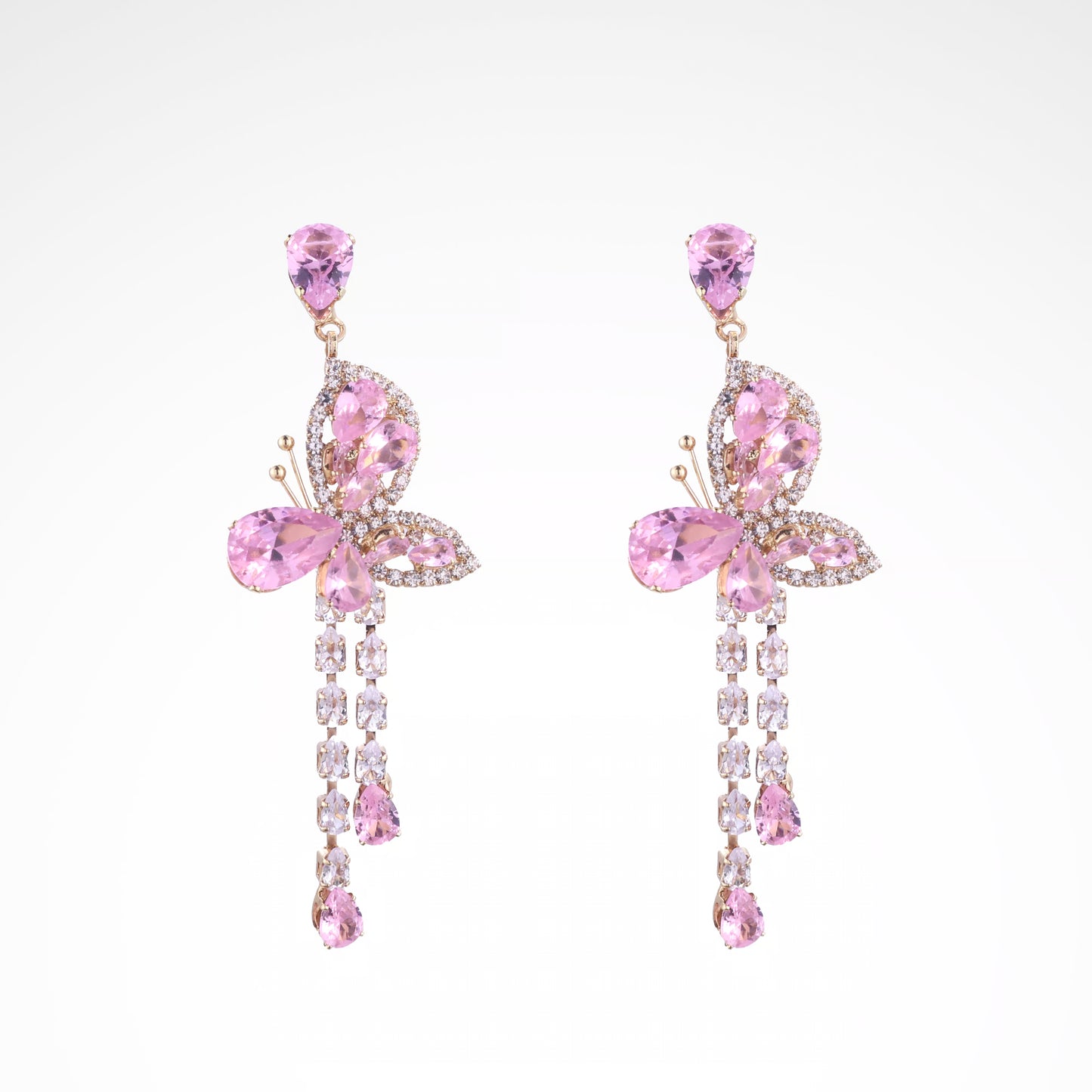 Sparkslette Pink Crystal Butterfly Long Tassel Drop Earrings