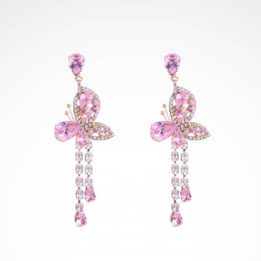 Sparkslette Pink Crystal Butterfly Long Tassel Drop Earrings