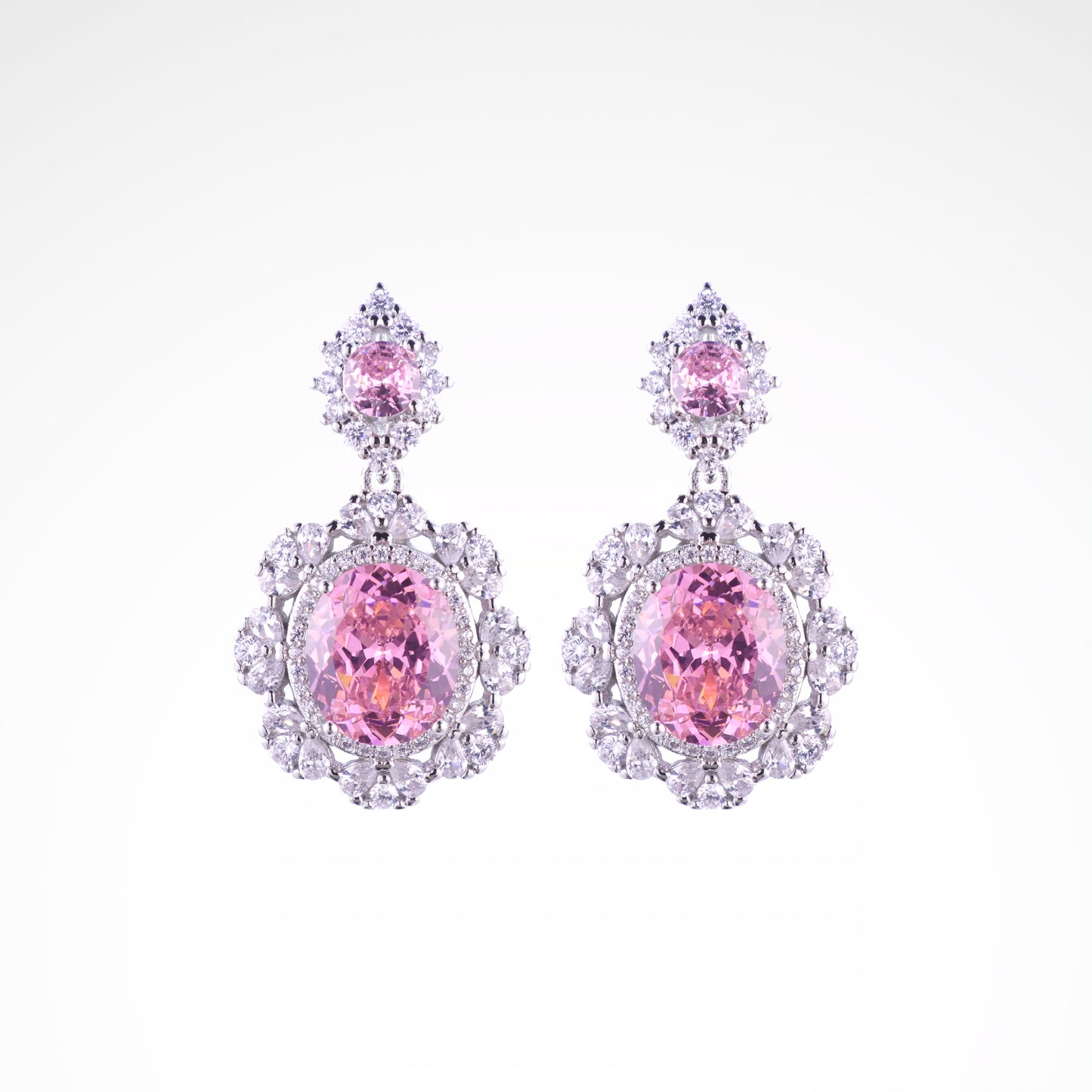 Sparkslette Pink Oval Crystal Double Halo Drop Earrings