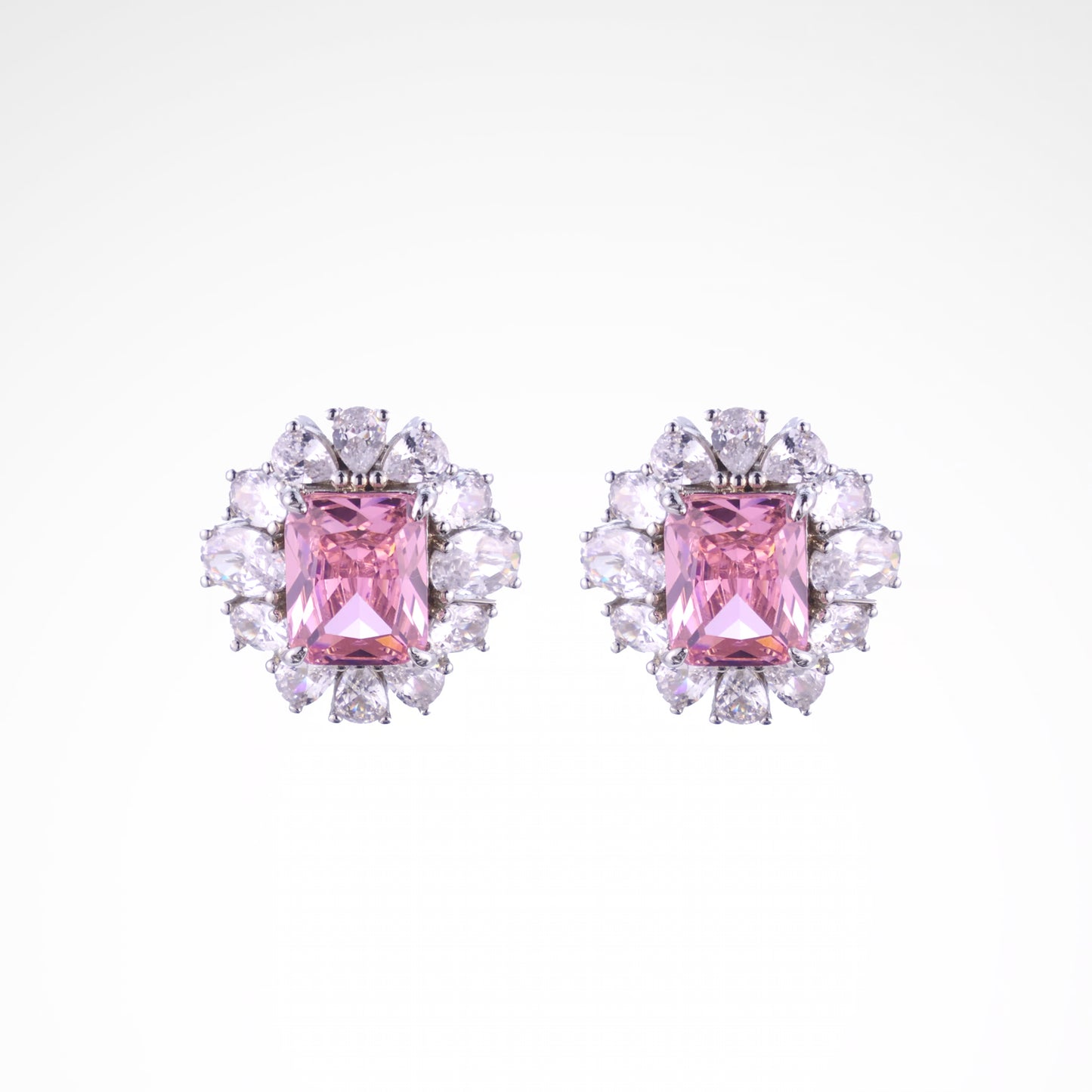 Sparkslette Pink Emerald-Cut Crystal Halo Stud Earrings