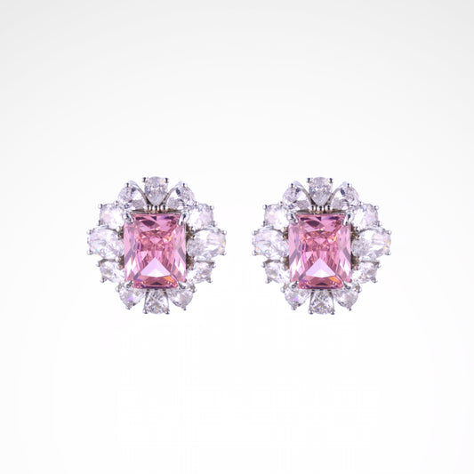 Sparkslette Pink Emerald-Cut Crystal Halo Stud Earrings