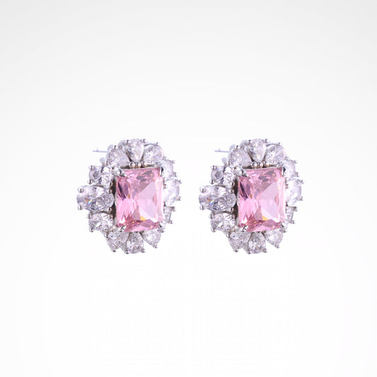 Sparkslette Pink Emerald-Cut Crystal Halo Stud Earrings