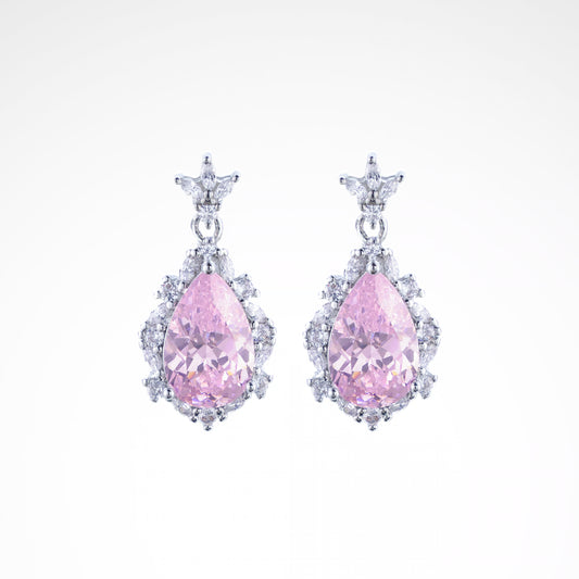 Sparkslette Pink Teardrop Crown Halo Drop Earrings