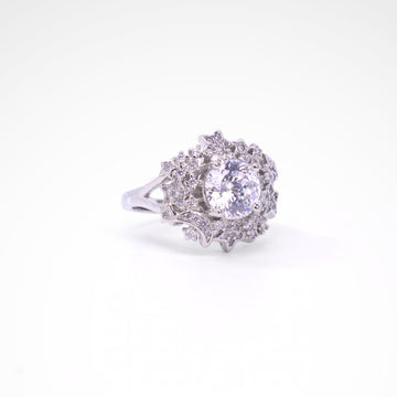 Celestial Starlight Round Halo Cocktail Ring, white-gold plated copper with zircon stones with a white background