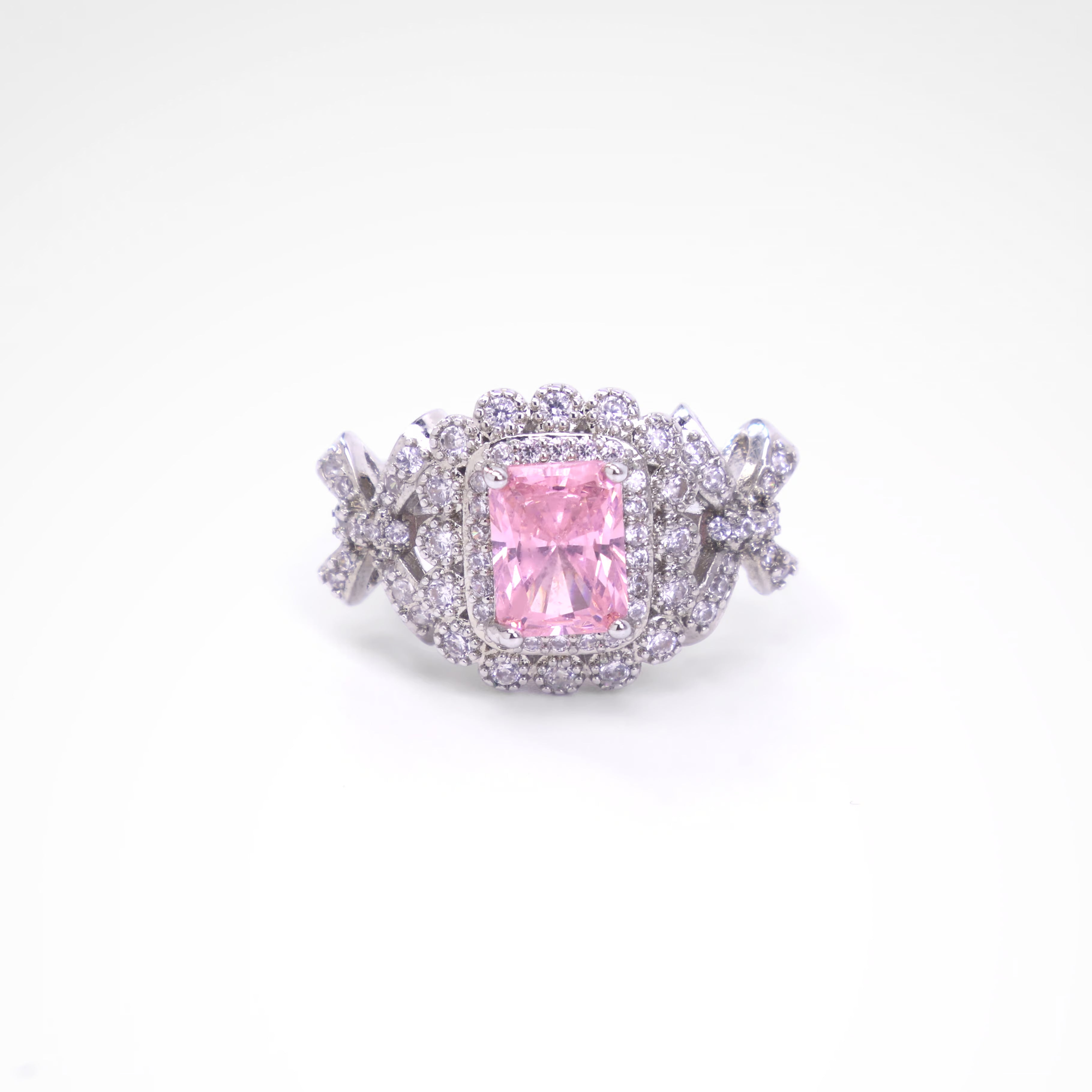 Enchanted Blush Radiant Bow Cocktail Ring, white-gold plated copper with zircon stones with a white background