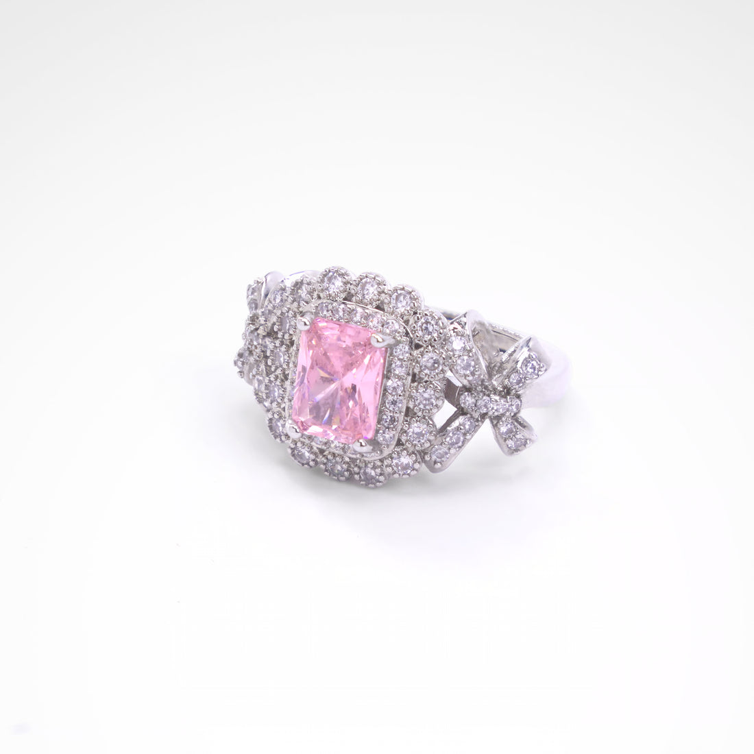 Enchanted Blush Radiant Bow Cocktail Ring, white-gold plated copper with zircon stones with a white background