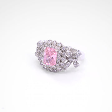 Enchanted Blush Radiant Bow Cocktail Ring, white-gold plated copper with zircon stones with a white background
