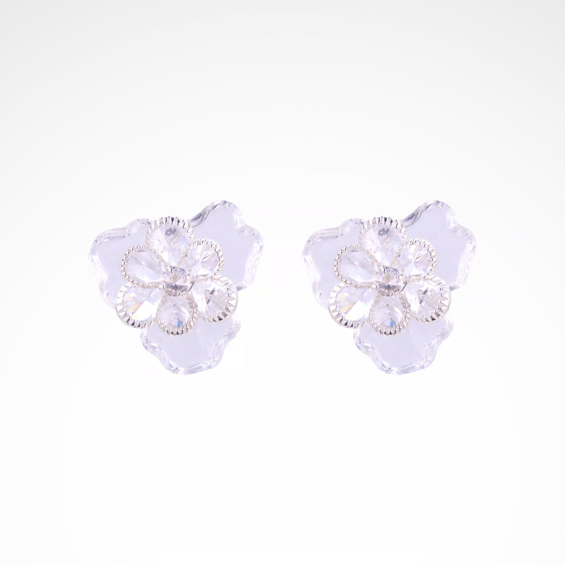 Ethereal Frost Crystal & Acrylic Petal Stud Earrings, white-gold plated copper with zircon stones with a white background