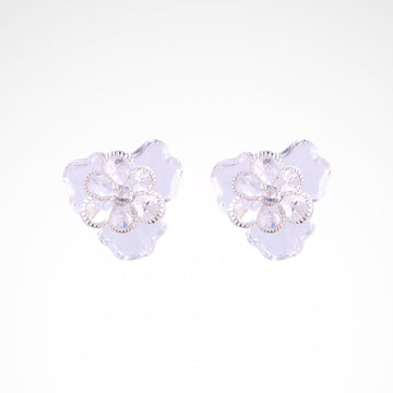 Ethereal Frost Crystal & Acrylic Petal Stud Earrings, white-gold plated copper with zircon stones with a white background