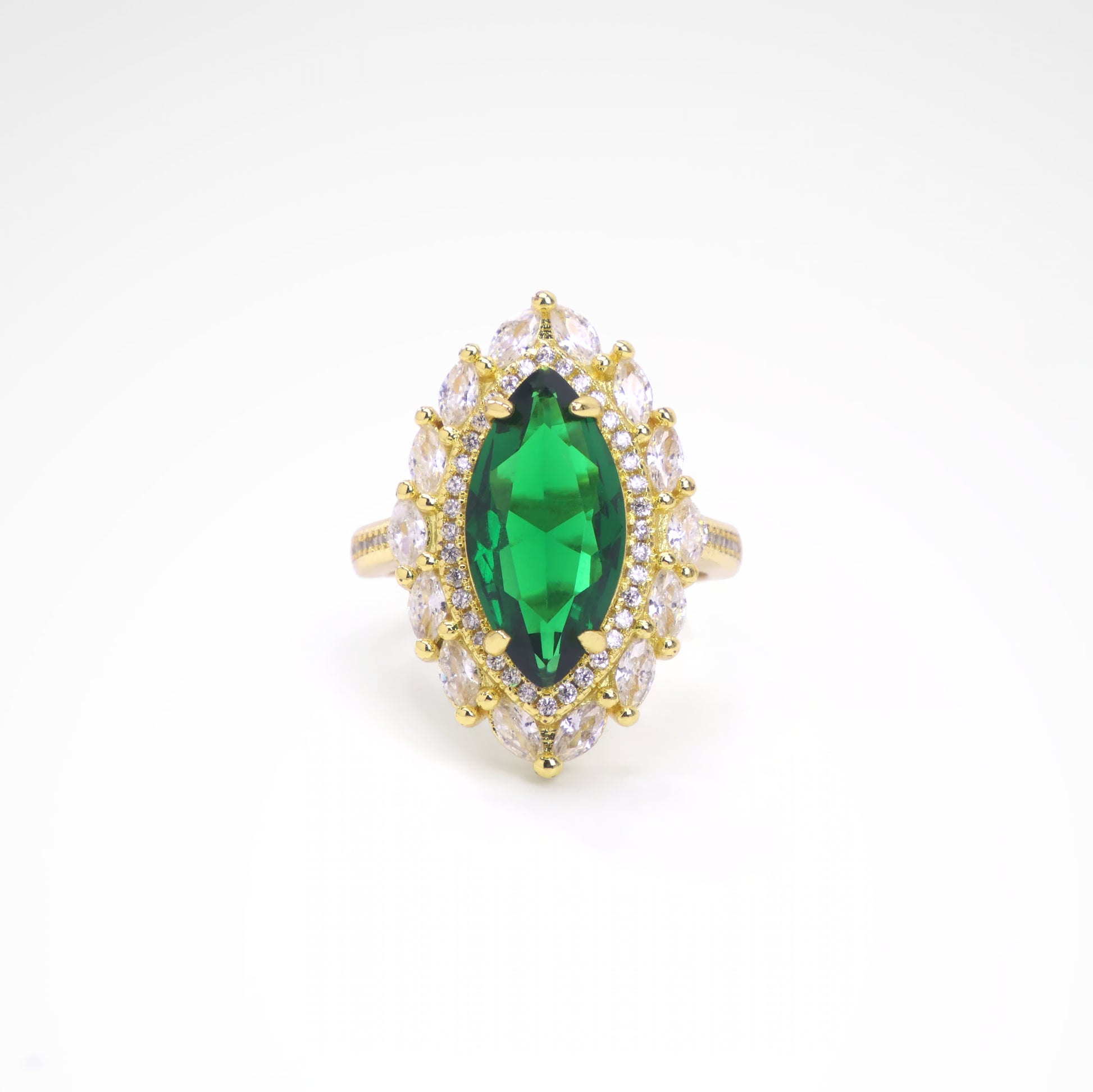 Imperial Emerald Green Marquise Sunburst Ring, white-gold plated copper with zircon stones with a white background