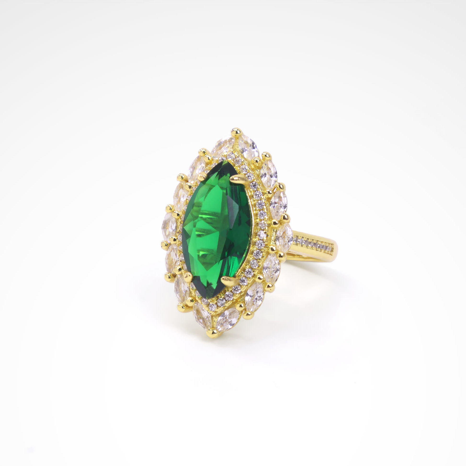 Imperial Emerald Green Marquise Sunburst Ring, white-gold plated copper with zircon stones with a white background