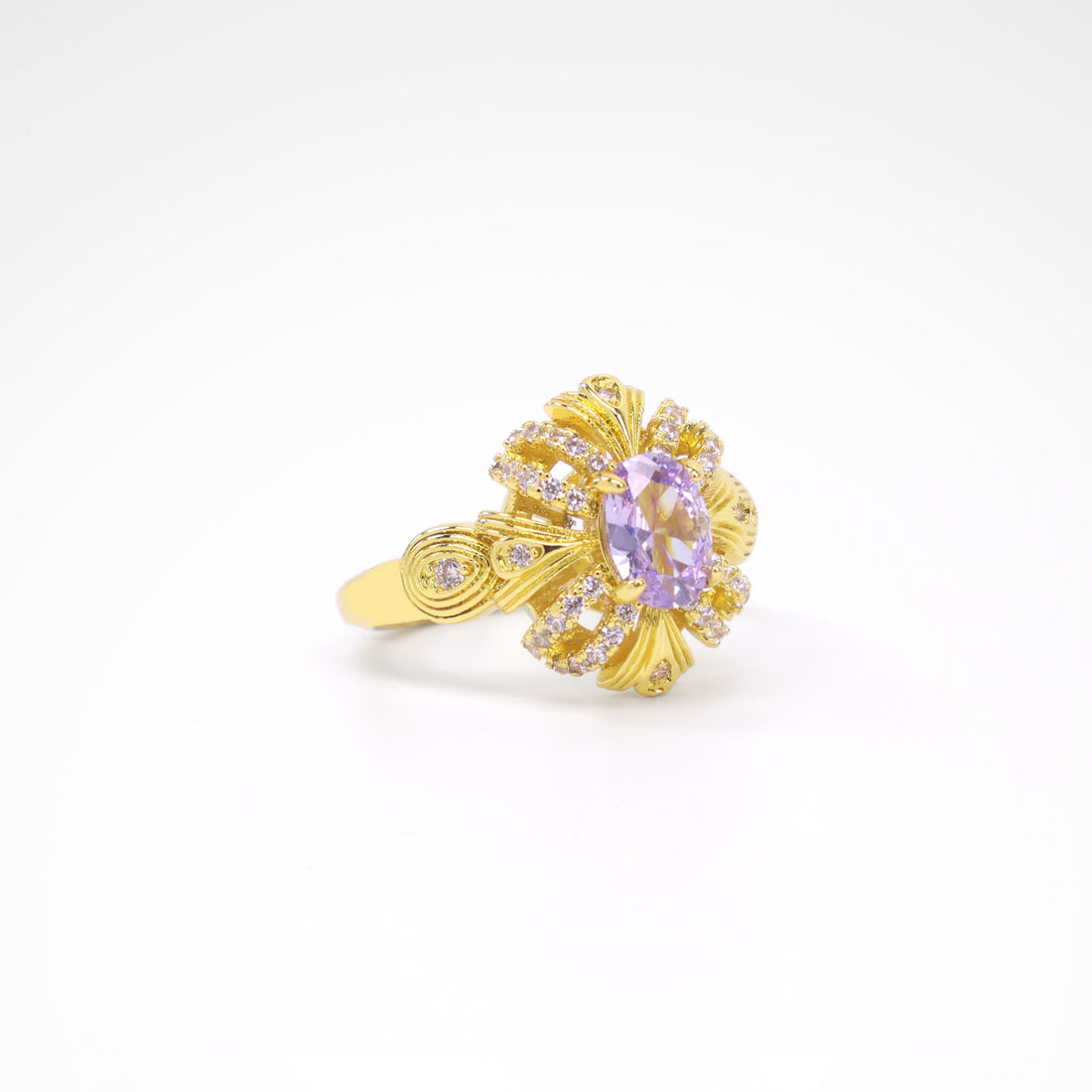 Imperial Lavender Gold-Tone Ribbon Ring, gold plated copper with zircon stones with a white background