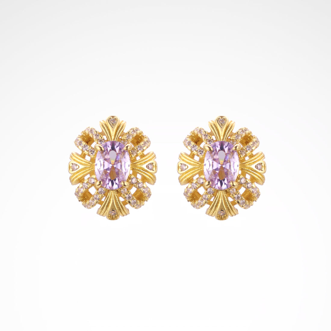 Imperial Lavender Gold-Tone Ribbon Stud Earrings, gold plated copper with zircon stones with a white background