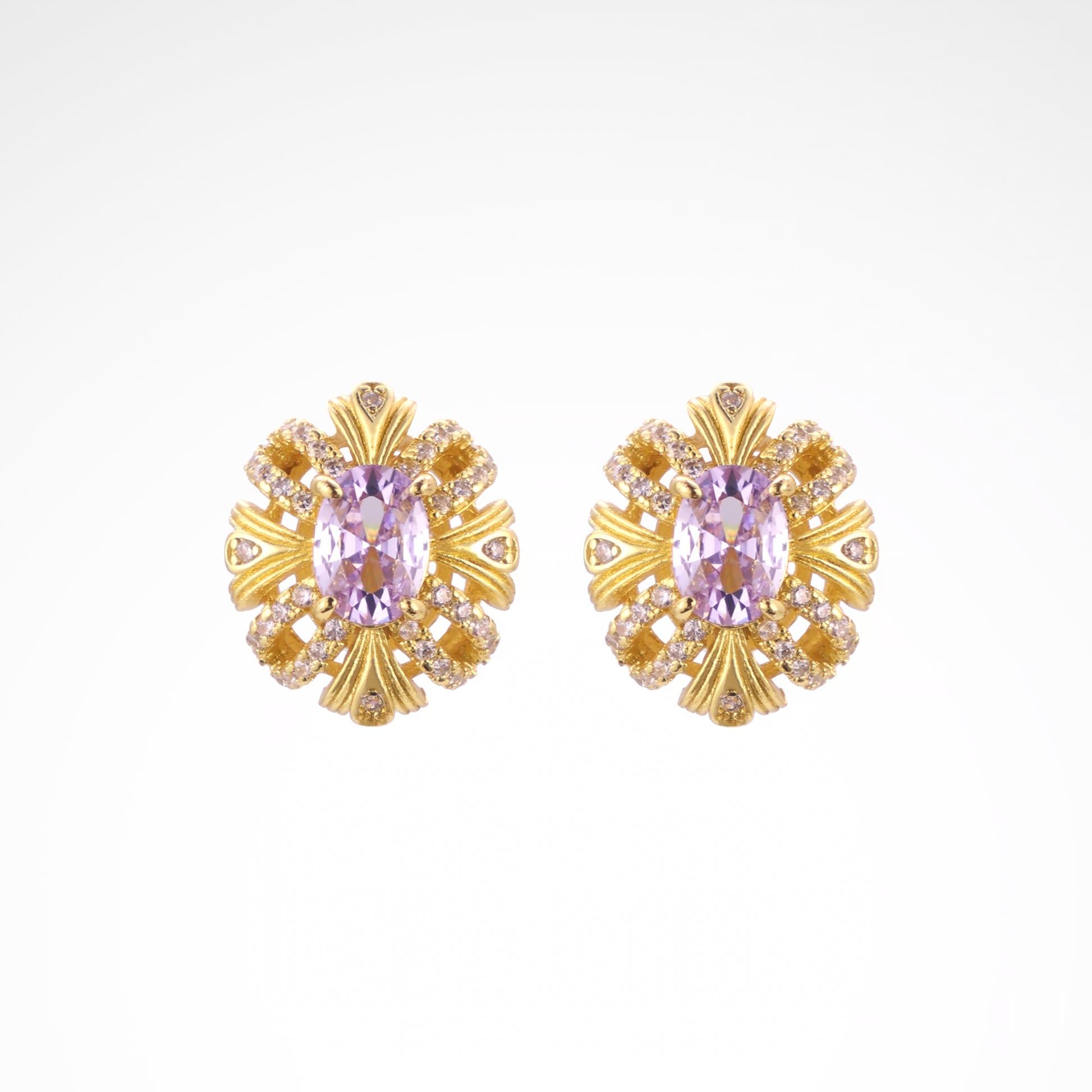Imperial Lavender Gold-Tone Ribbon Stud Earrings, gold plated copper with zircon stones with a white background