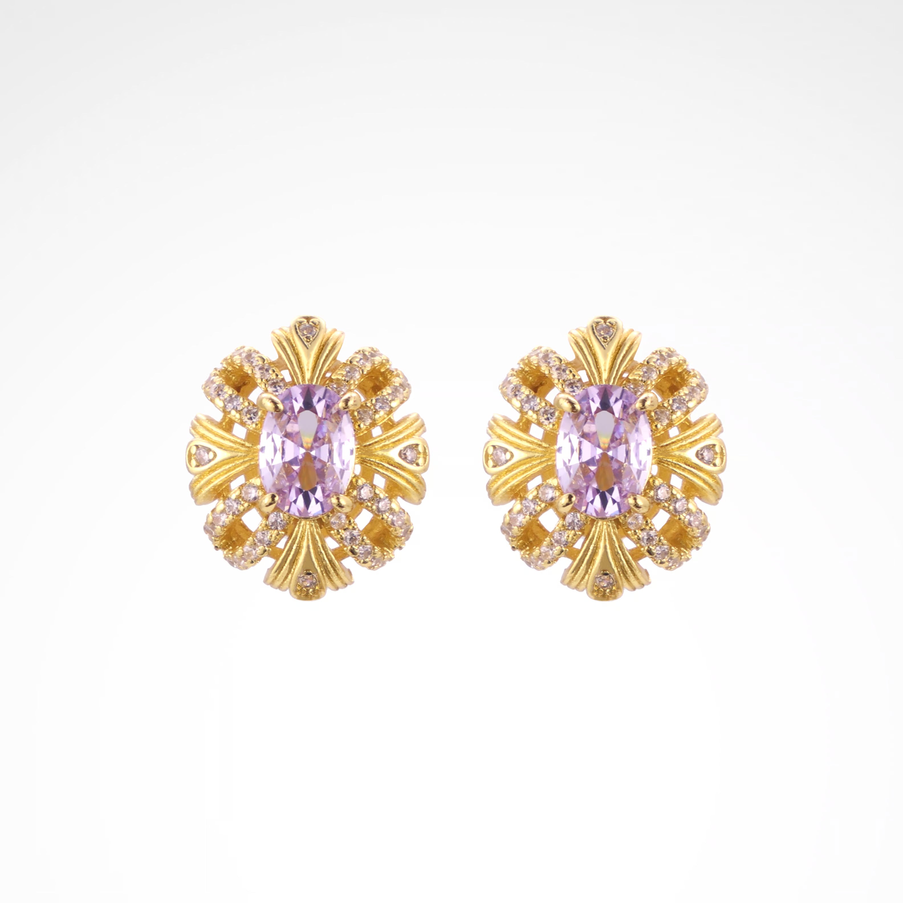 Imperial Lavender Gold-Tone Ribbon Stud Earrings, gold plated copper with zircon stones with a white background