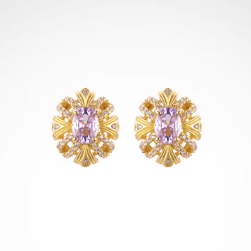 Imperial Lavender Gold-Tone Ribbon Stud Earrings, gold plated copper with zircon stones with a white background