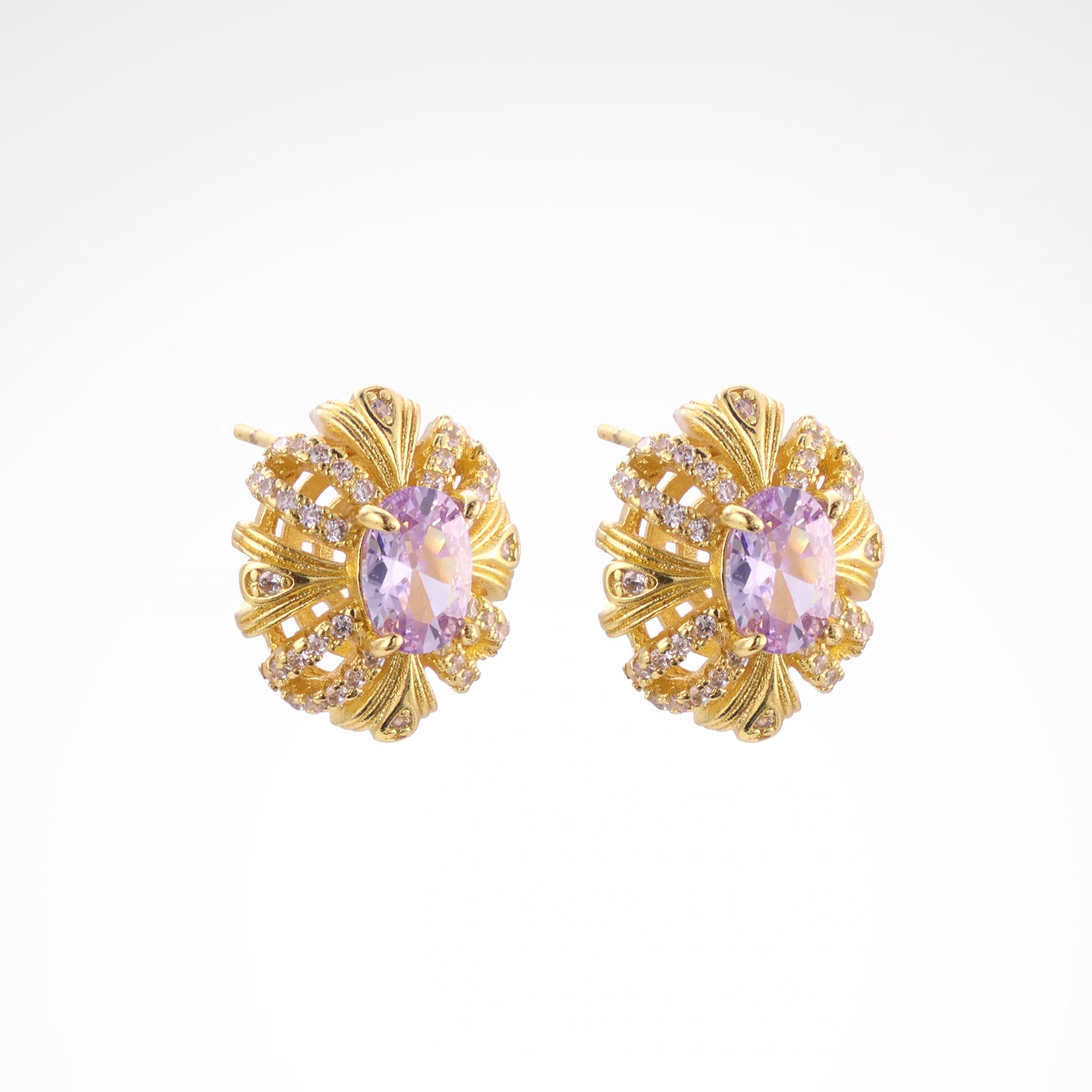 Imperial Lavender Gold-Tone Ribbon Stud Earrings, gold plated copper with zircon stones with a white background