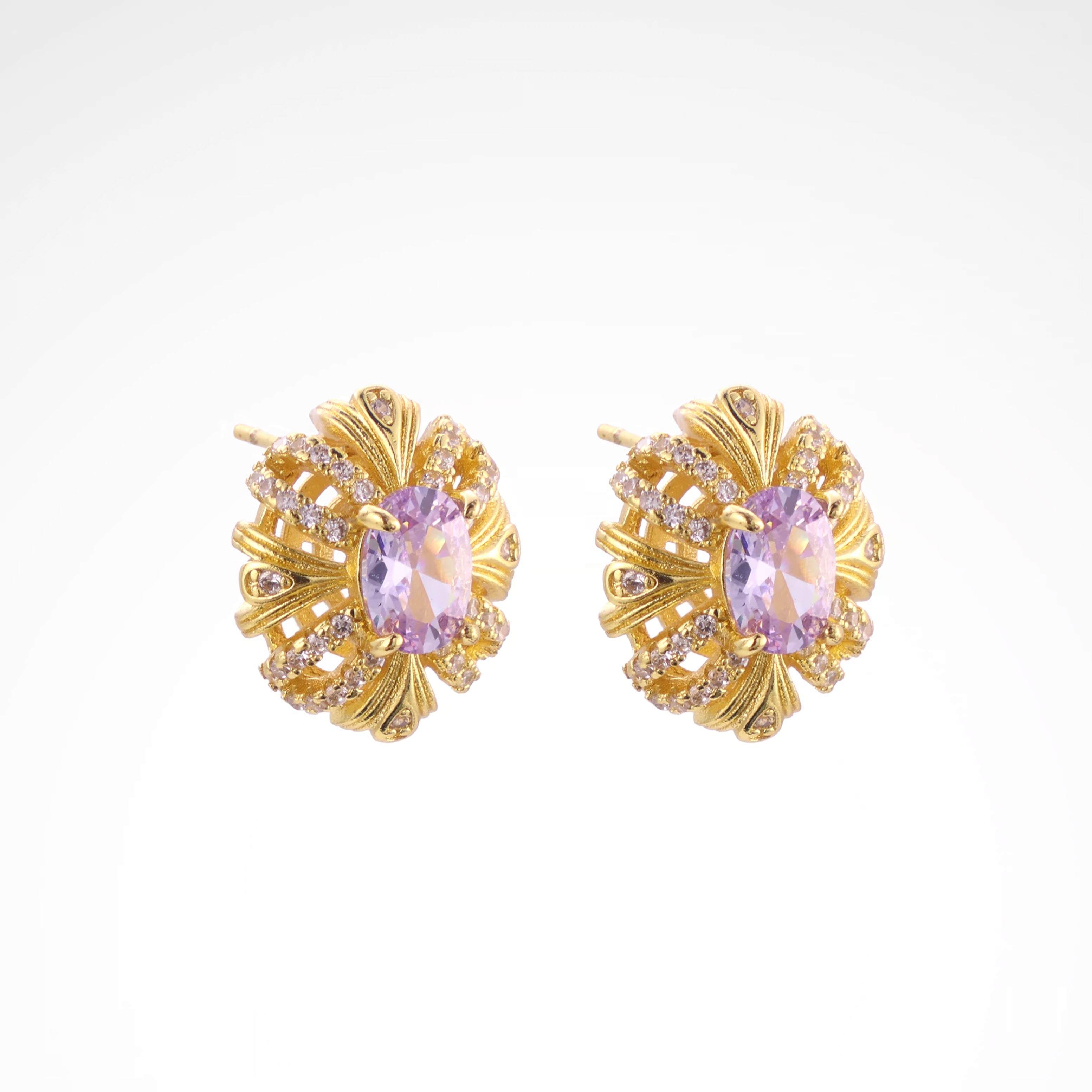 Imperial Lavender Gold-Tone Ribbon Stud Earrings, gold plated copper with zircon stones with a white background