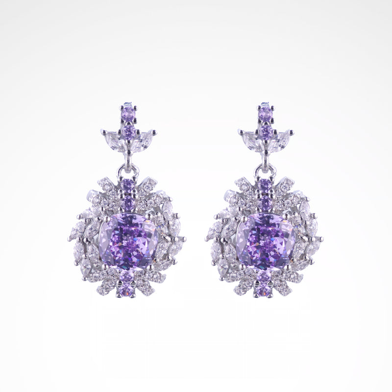 Regal Violet Cushion-Cut Floral Drop Earrings