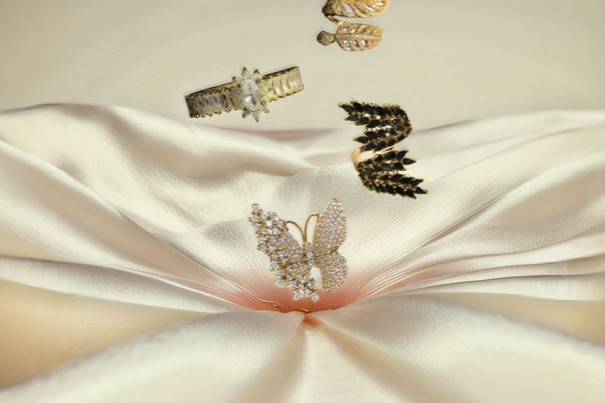 five zirconia gold rings floating above a silk cushion