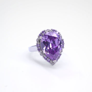 Majestic Violet Pear-Cut Halo Cocktail Ring, white-gold plated copper with zircon stones with a white background