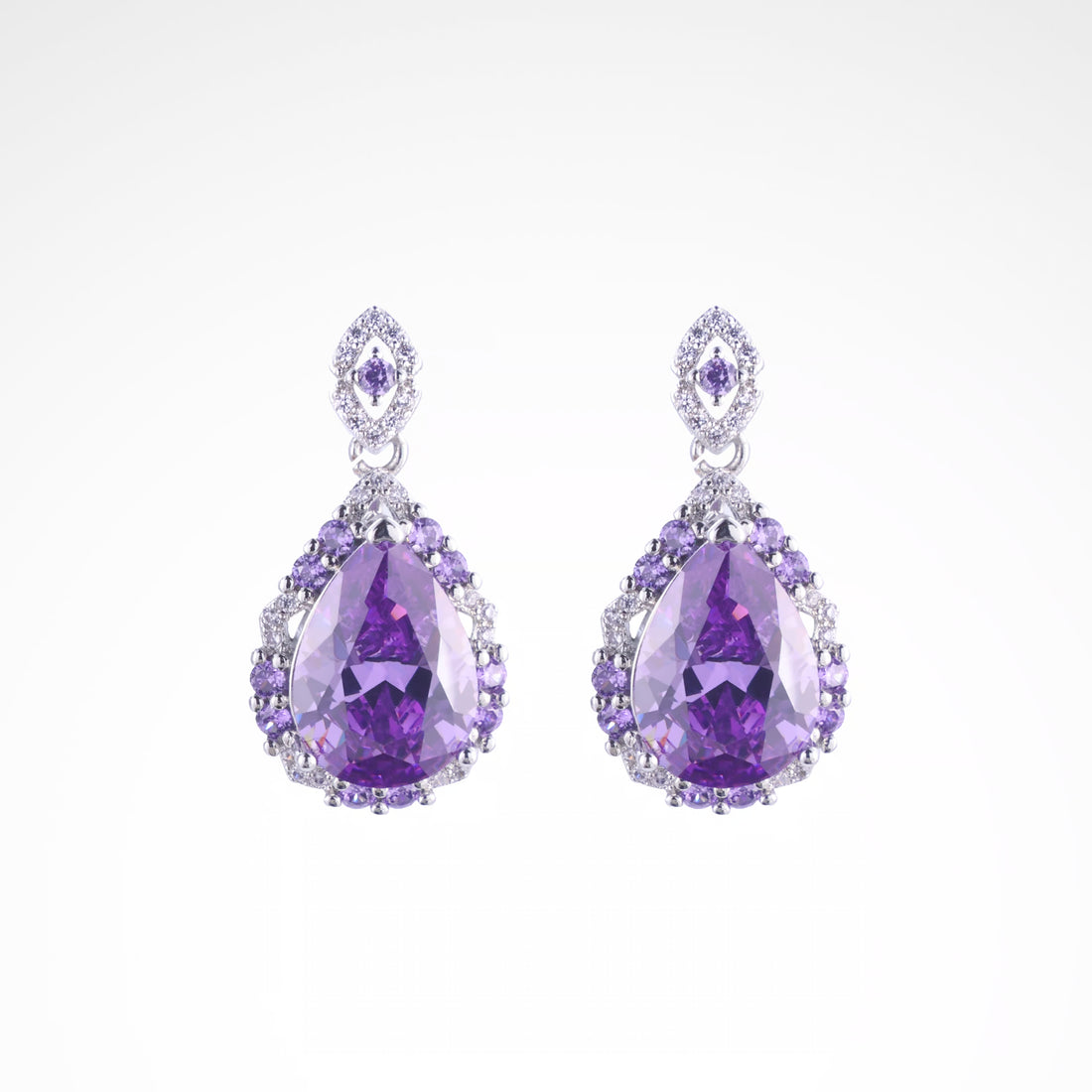 Majestic Violet Pear-Cut Halo Drop Earrings, white-gold plated copper with zircon stones with a white background