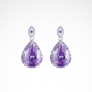 Majestic Violet Pear-Cut Halo Drop Earrings, white-gold plated copper with zircon stones with a white background