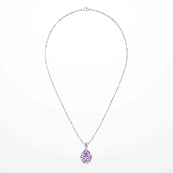 A delicate white gold plated chain necklace featuring a teardrop-shaped purple zircon pendant, displayed against a clean white background.