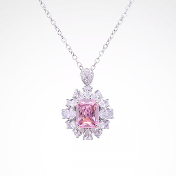 Radiant Blush Cushion-Cut Floral Halo Pendant Necklace, white-gold plated copper with zircon stones with a white background