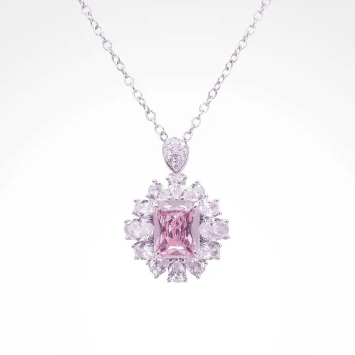 Radiant Blush Cushion-Cut Floral Halo Pendant Necklace