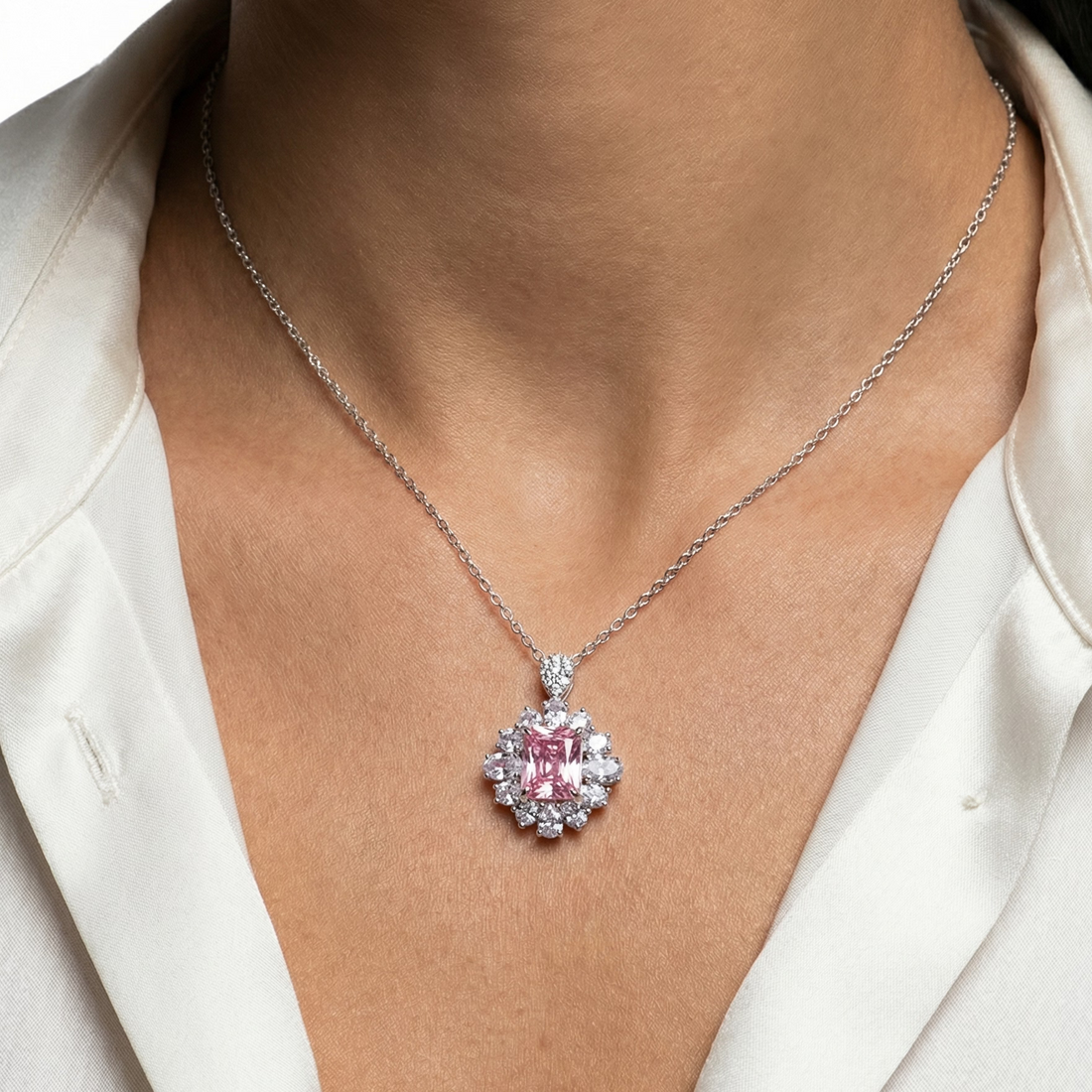 Radiant Blush Cushion-Cut Floral Halo Pendant Necklace