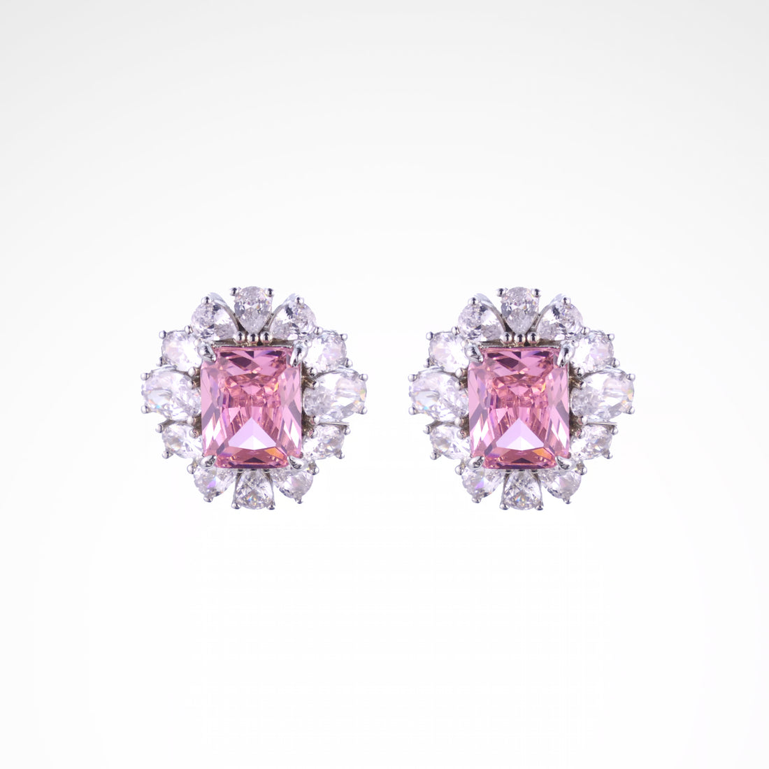 Radiant Blush Cushion-Cut Floral Halo Stud Earrings, white-gold plated copper with zircon stones with a white background