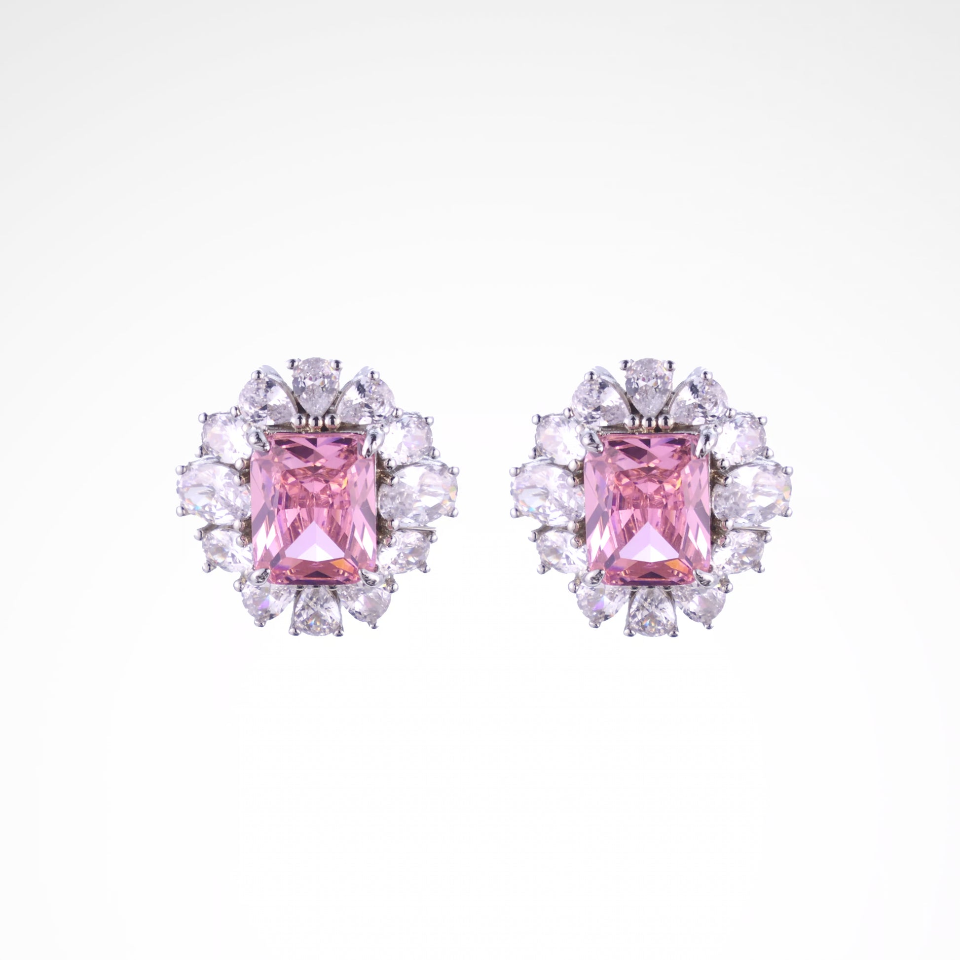 Radiant Blush Cushion-Cut Floral Halo Stud Earrings, white-gold plated copper with zircon stones with a white background