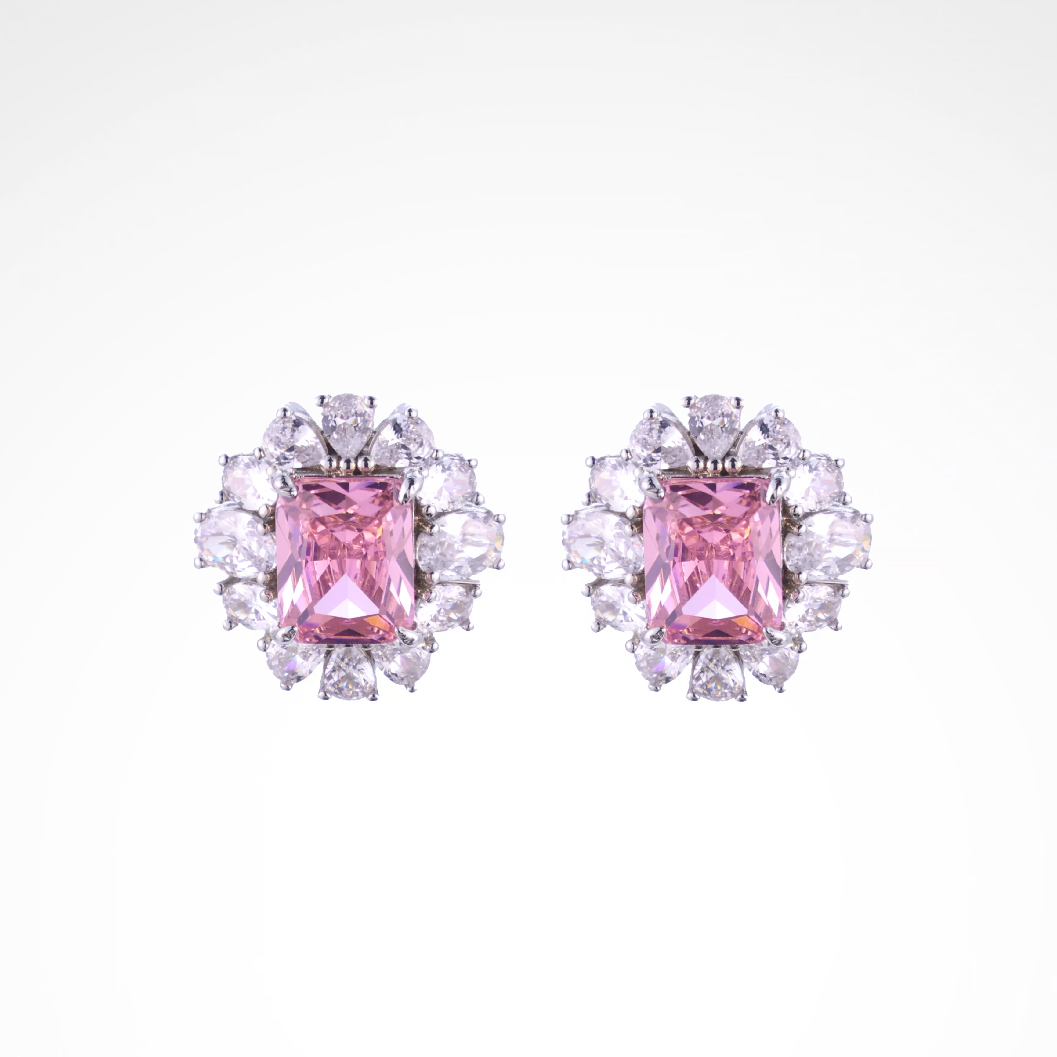Radiant Blush Cushion-Cut Floral Halo Stud Earrings, white-gold plated copper with zircon stones with a white background