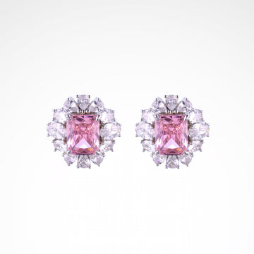 Radiant Blush Cushion-Cut Floral Halo Stud Earrings, white-gold plated copper with zircon stones with a white background