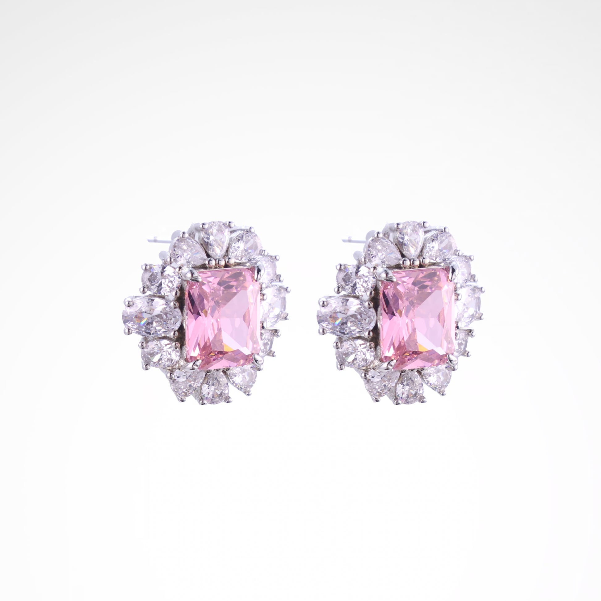 Radiant Blush Cushion-Cut Floral Halo Stud Earrings, white-gold plated copper with zircon stones with a white background