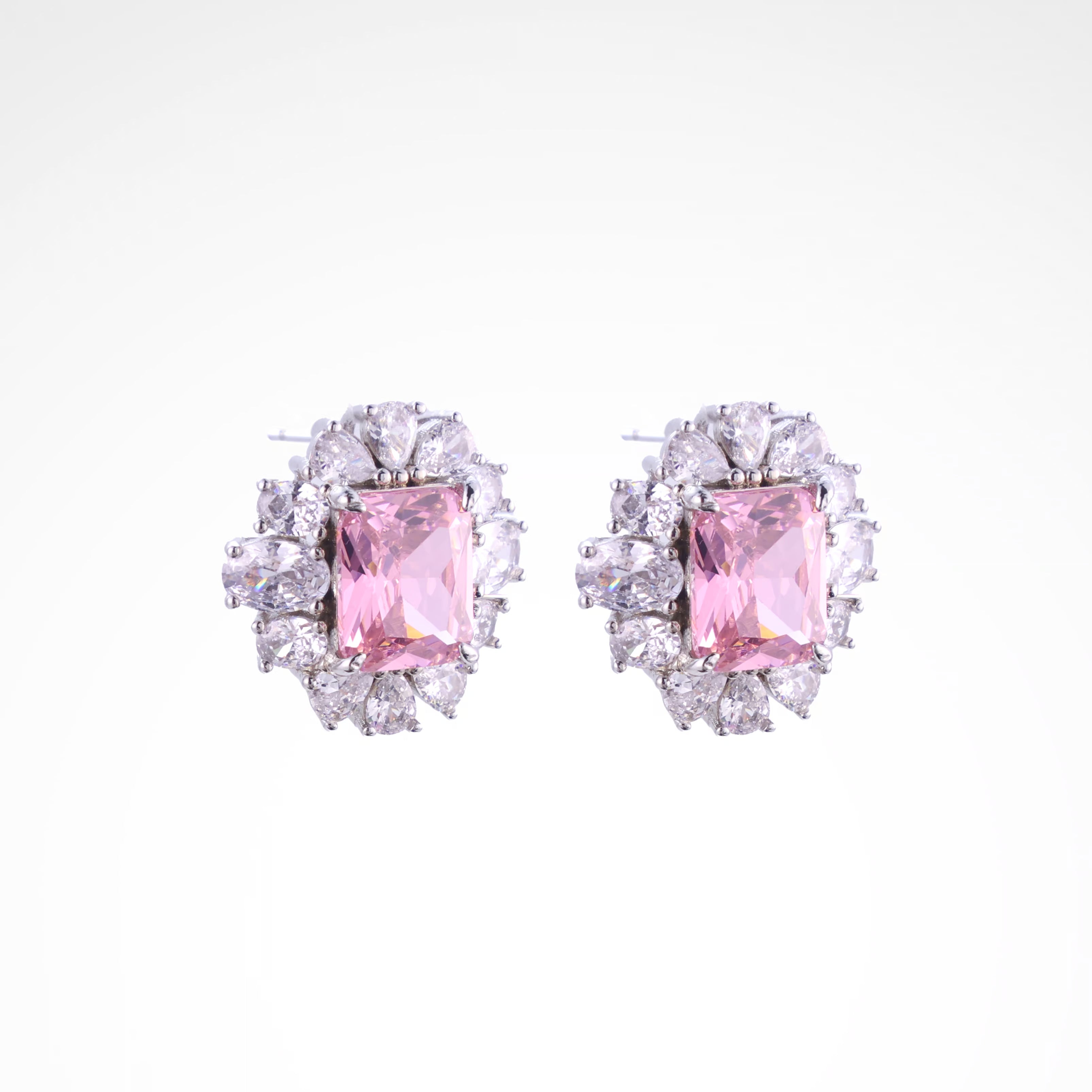 Radiant Blush Cushion-Cut Floral Halo Stud Earrings, white-gold plated copper with zircon stones with a white background