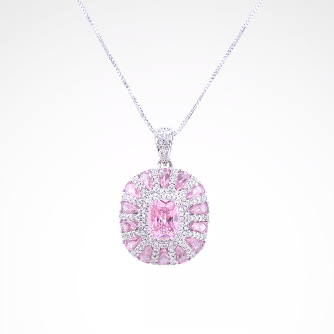 Radiant Blush Mosaic Sunburst Pendant Necklace, white-gold plated copper with zircon stones with a white background